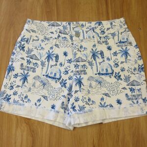 TOMMY BAHAMA DENIM White Blue Printed Jean Shorts 27 Tropical Palm Trees Sailing